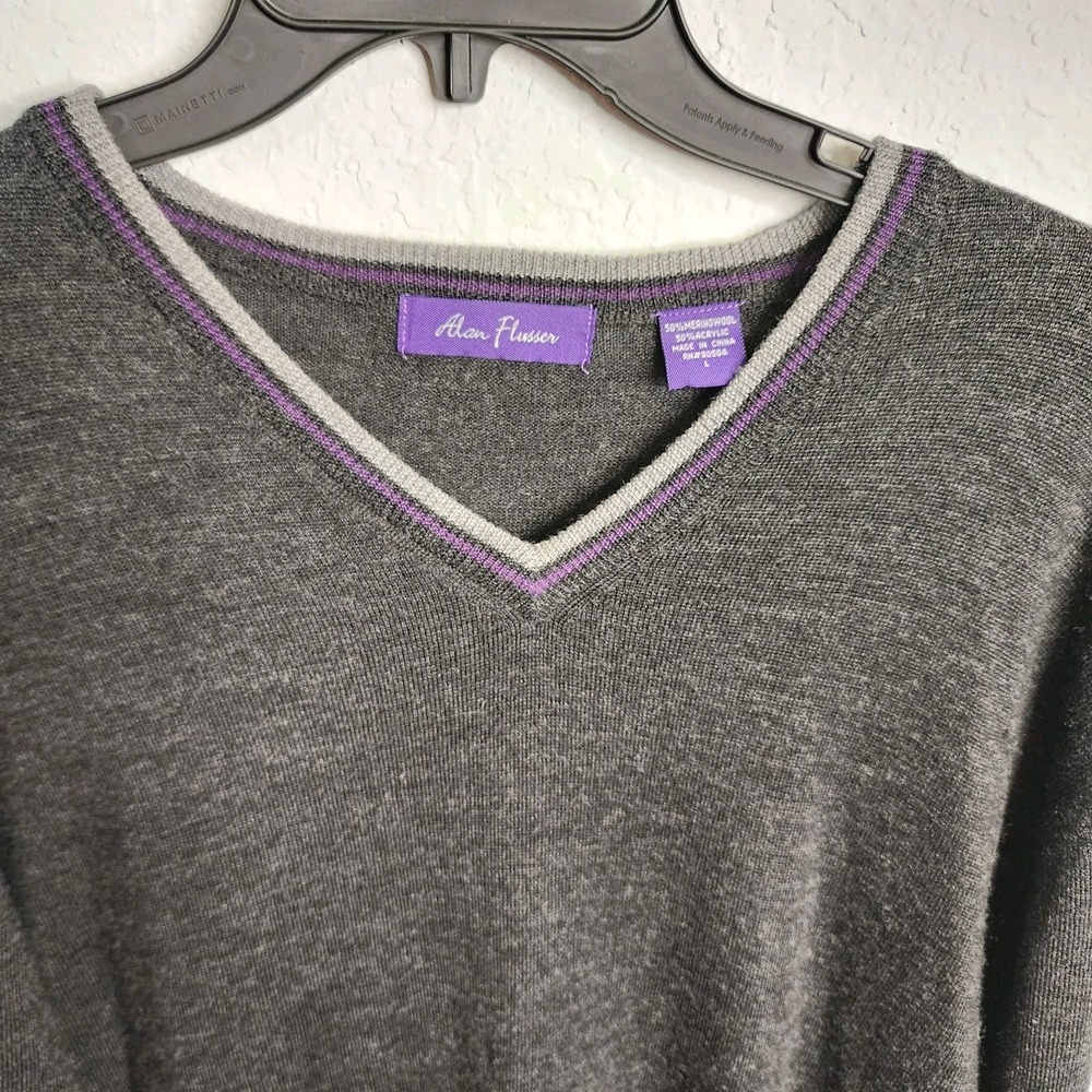 Alan Flusser Sweater Mens Large Gray Purple V Neck Merino Wool Blend Lightweight - Picture 3 of 13